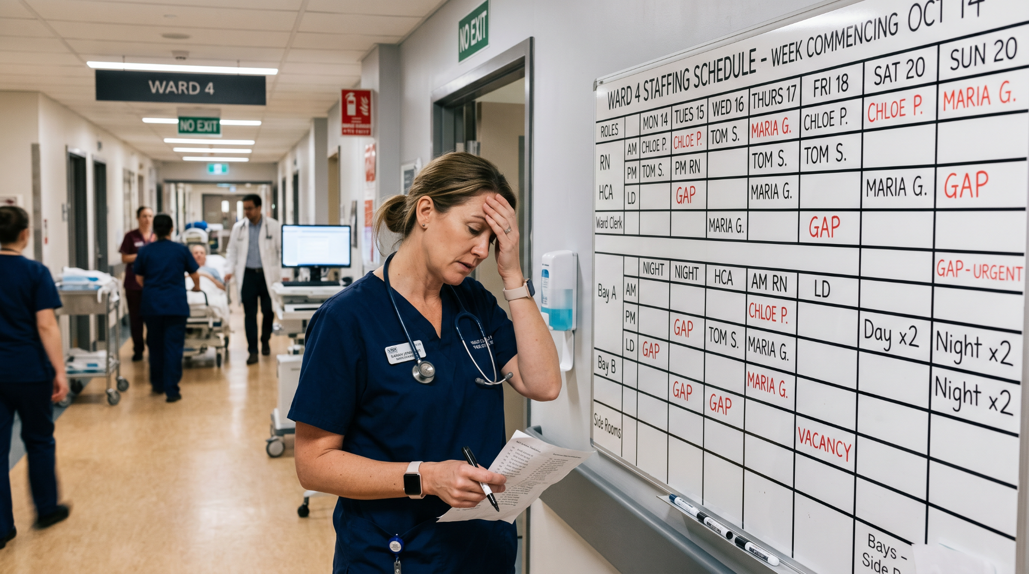 Hospital nurse reviewing a staffing schedule with urgent coverage gaps